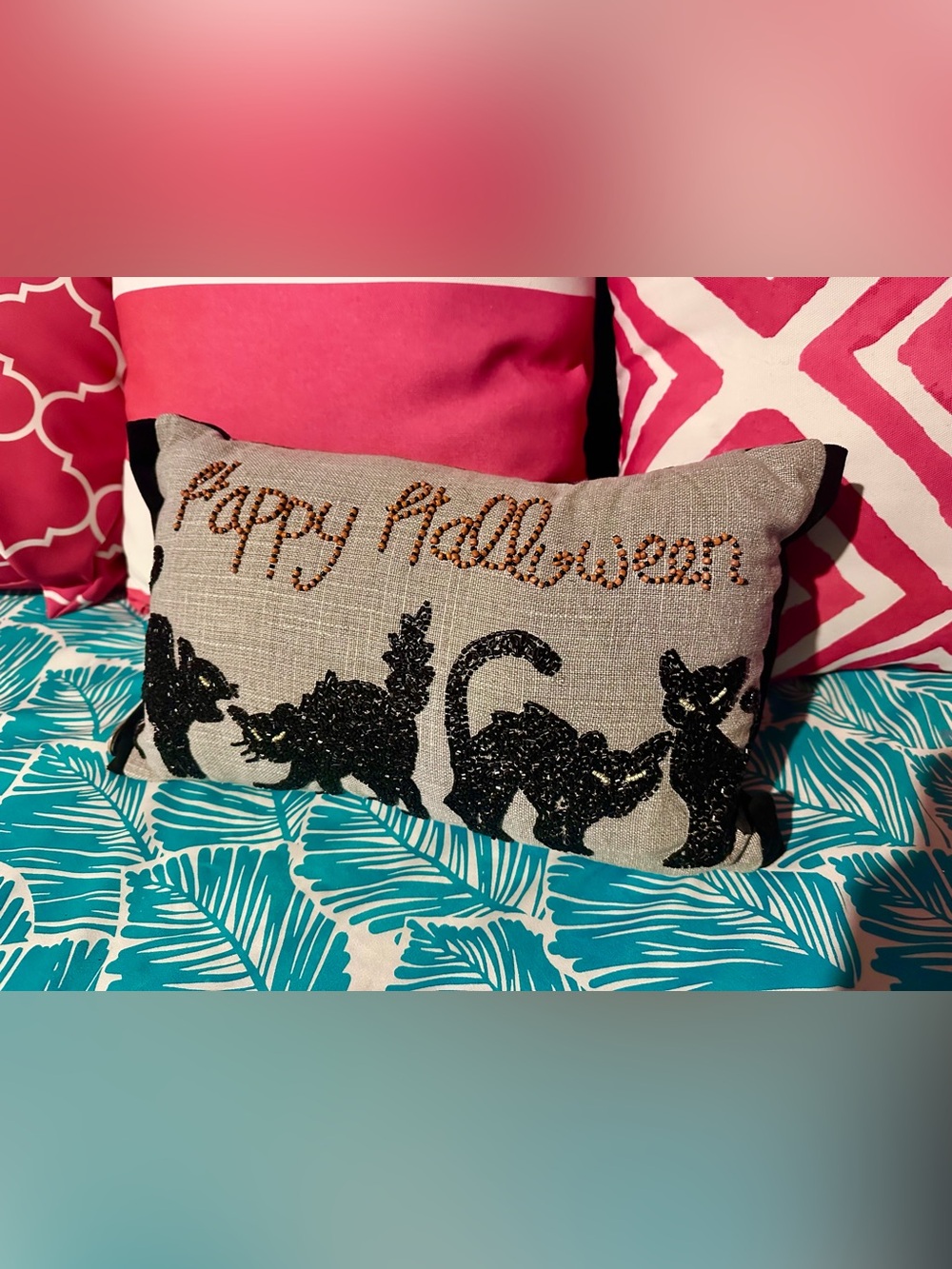 Beaded "Happy Halloween" Black Cat Accent Pillow